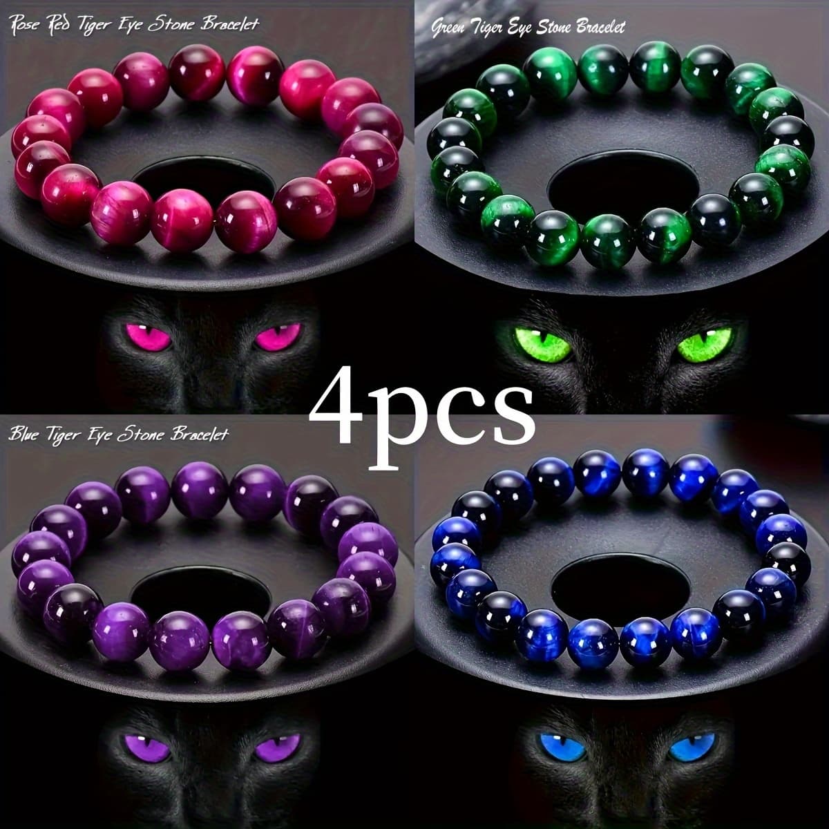 TEMU 4pcs Boho Style Tiger Eye Beaded Bracelets - Pink, Blue, Purple, Green With Black Leather Strap, Natural Stone Handmade Jewelry For Men