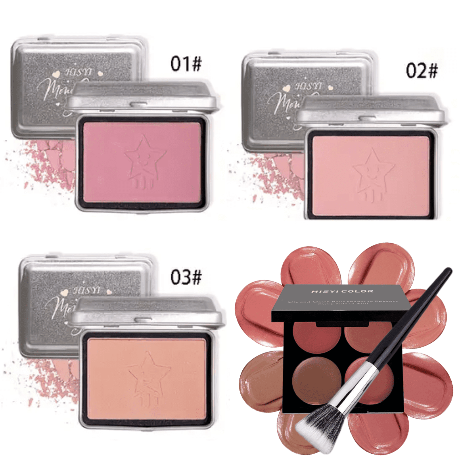 TEMU Y Matte Blush Palette Set With Brush- Waterproof 3pcs Pink/nude Single Blush Powder & 4-color Cream Blush, Long-lasting Natural Finish For Cheeks, Compact Iron , Ideal Stocking Stuffters