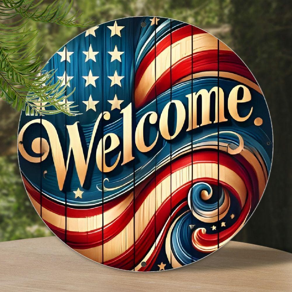 TEMU Patriotic Welcome Sign Wall Art - Reusable Aluminum Decor For Home, Kitchen, Restaurant, Bedroom, Garden, Bathroom, Garage, Hotel, Office, Bar - Easy Hanging 8x8 Inch&;plaque