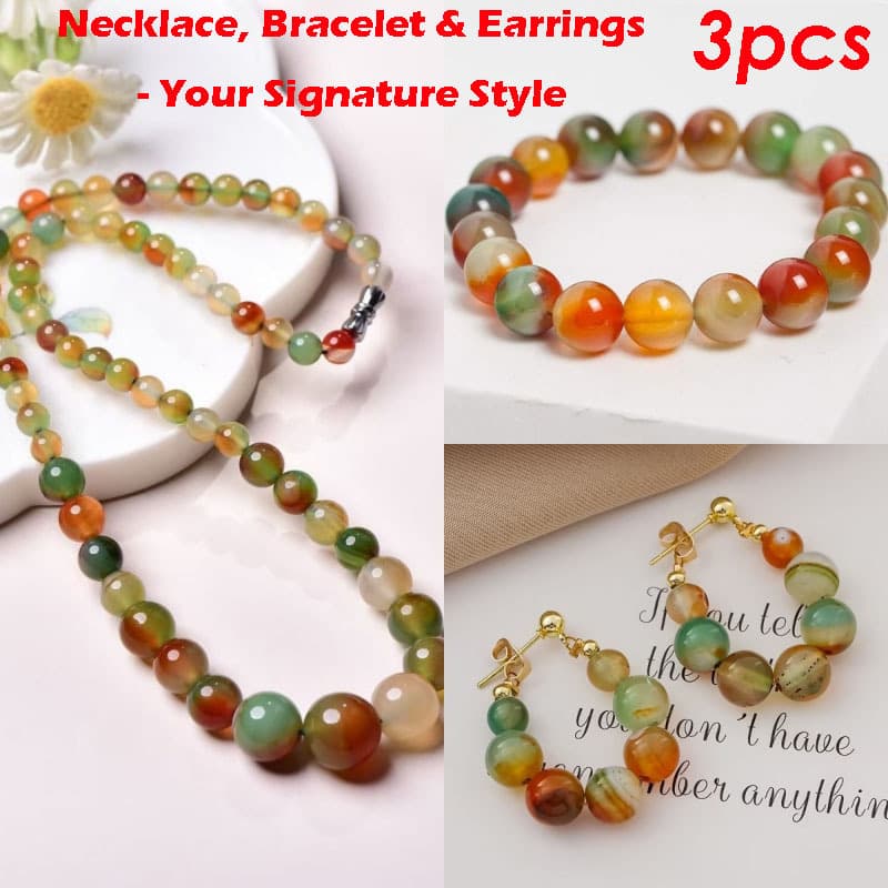 TEMU Peacock Agate Elastic Bracelet - Colored Agate Drop-shaped Earrings - Necklace, Bracelet And Earring Gift Set For Daily Wear, Birthdays, Festivals And Parties
