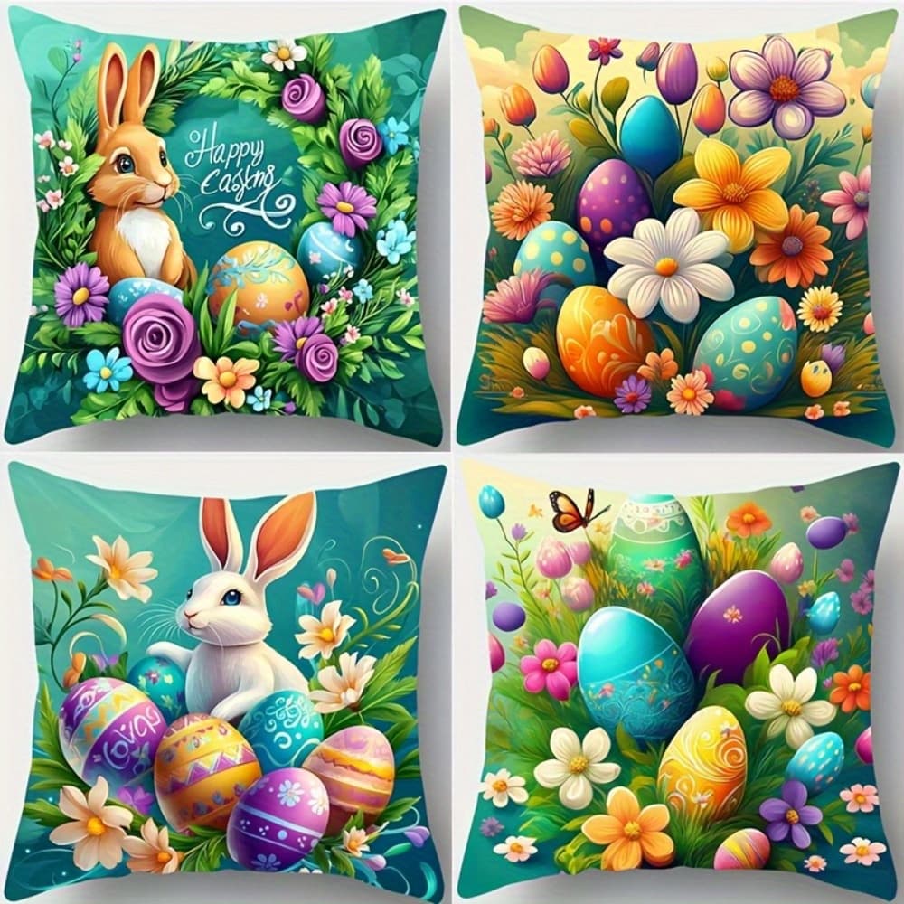 TEMU 4pcs Vivid Easter Pillowcases Polyester Fiber Printed With Colorful Bunny Eggs And Floral Patterns With Zipper Suitable For Living Room Sofa Decoration No Insert Needed