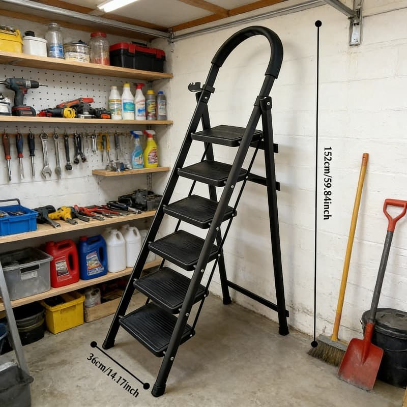 TEMU (150cm High) Black 6-story Curved Handrail Industrial Ladder With Anti Slip Pedal Foldable Design, Safety Locking Mechanism And Suitable For Garage, Building, Household And Commercial Use