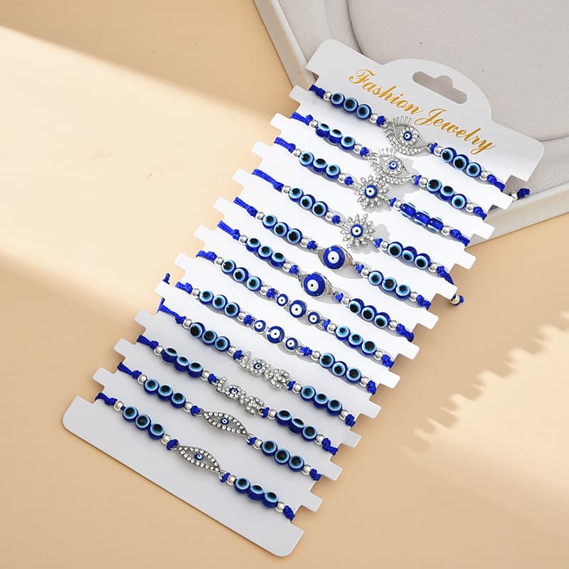 TEMU Set Of 12 Bohemian Braided Bracelets Featuring Blue Evil Eye Beads, Perfect For Women To Wear On A Or For Parties And Holidays