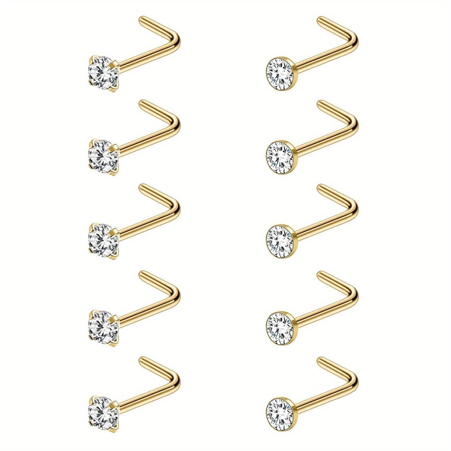 TEMU 10pcs Sets 20g Nose Ring Surgical 304 304 Stainless Steel Nose Rings Studs Piercing For Women Men 2mm Round Cz L Shaped Corkscrew Nose Piercing Hypoallergenic