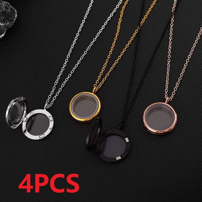 TEMU 4pcs New Women's Fashion Elegant Cute Round Photo Box Can Hold Photos Geometric Photo Box Pendant Necklace Jewelry Accessories