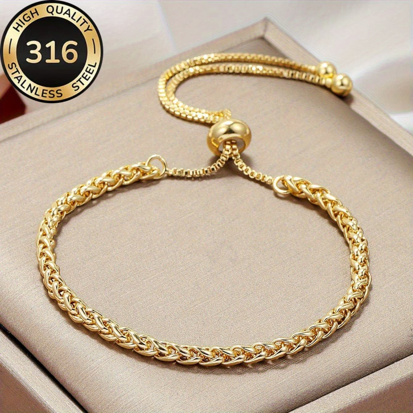 TEMU Adjustable Bracelet Made Of Hypoallergenic Steel With A Golden Braided Design, Perfect For Enhancing Autumn And Winter Outfits, Ideal As A Valentine's Day Gift For A , Warehouse