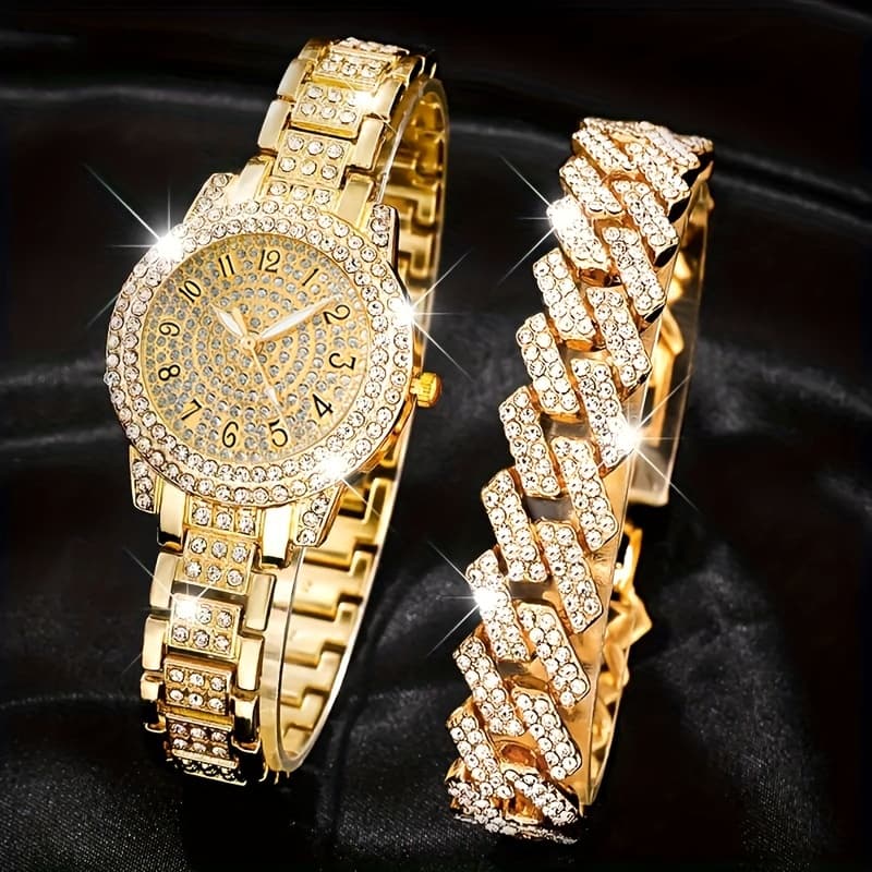 TEMU Set Of 2 Trendy Women's Watches, Including A Casual Quartz Watch And A Hip Hop Bracelet, Fashionable Wristwatch, Stylish Bracelet, And Chic Accessory