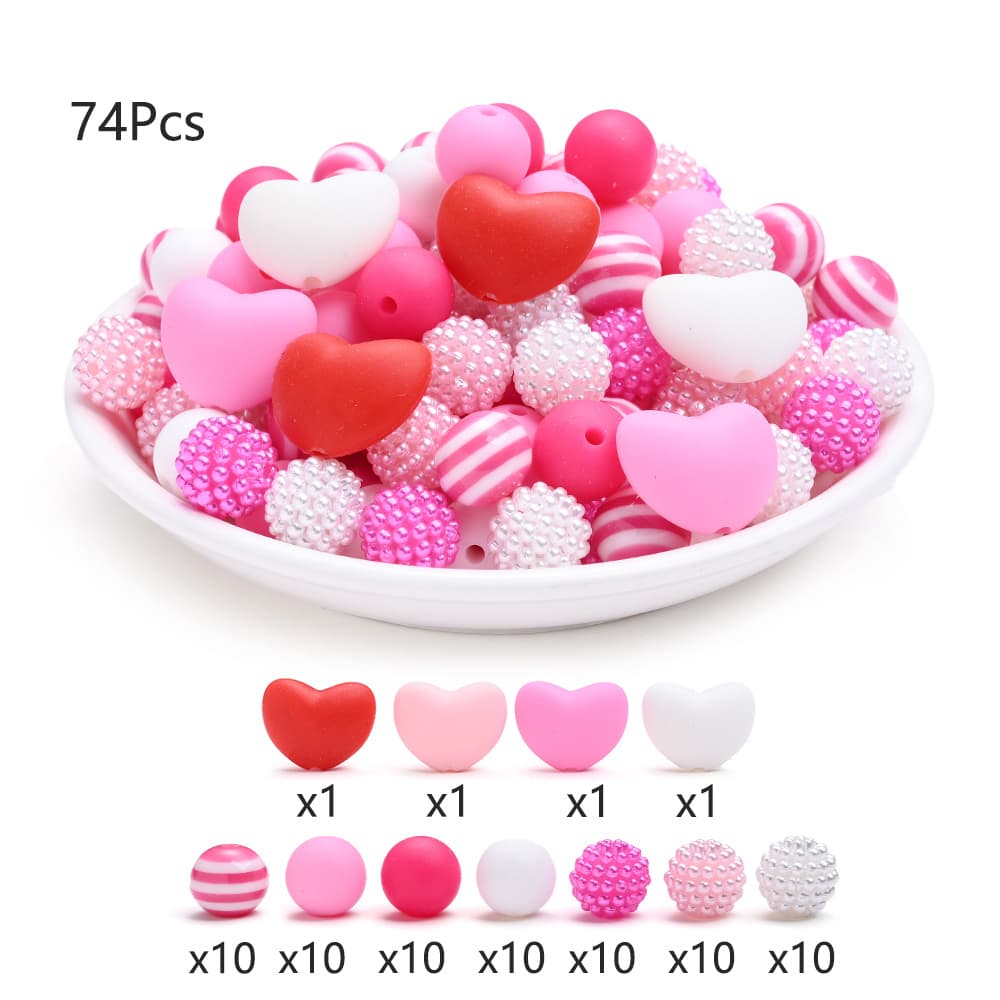 TEMU Set Of 74 Pink Silicone And Acrylic Beads For Valentine's Day, Including Love-themed Round And Berry Beads, Perfect For Crafts, Beaded Pens, Decorations, And Art Projects