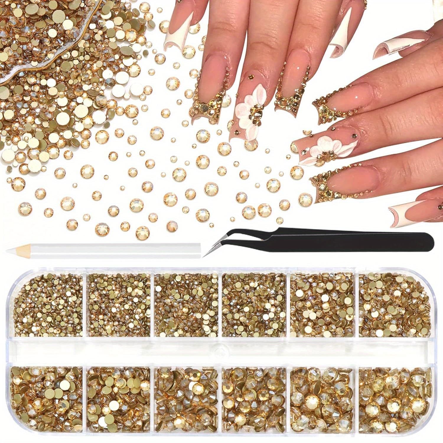 TEMU 4000pcs Golden Flatback Rhinestones For Crafts, 6 Sizes For Nail Gems Jewels Glitter Glass Diamond For Nails Design Face Makeup Tumblers Clothes Stones Decoration