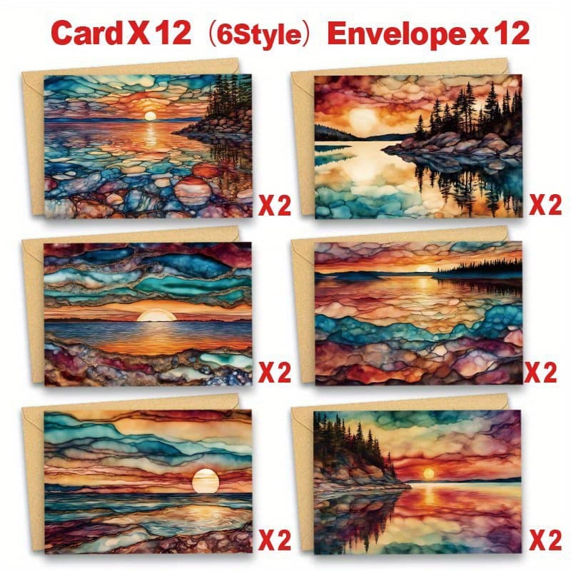 TEMU 24pcs Vibrant Sunrise On Lake Greeting Cards With Envelopes - Unique Nature-themed, Blank Inside For - Ideal For , Family, Birthdays & Holidays