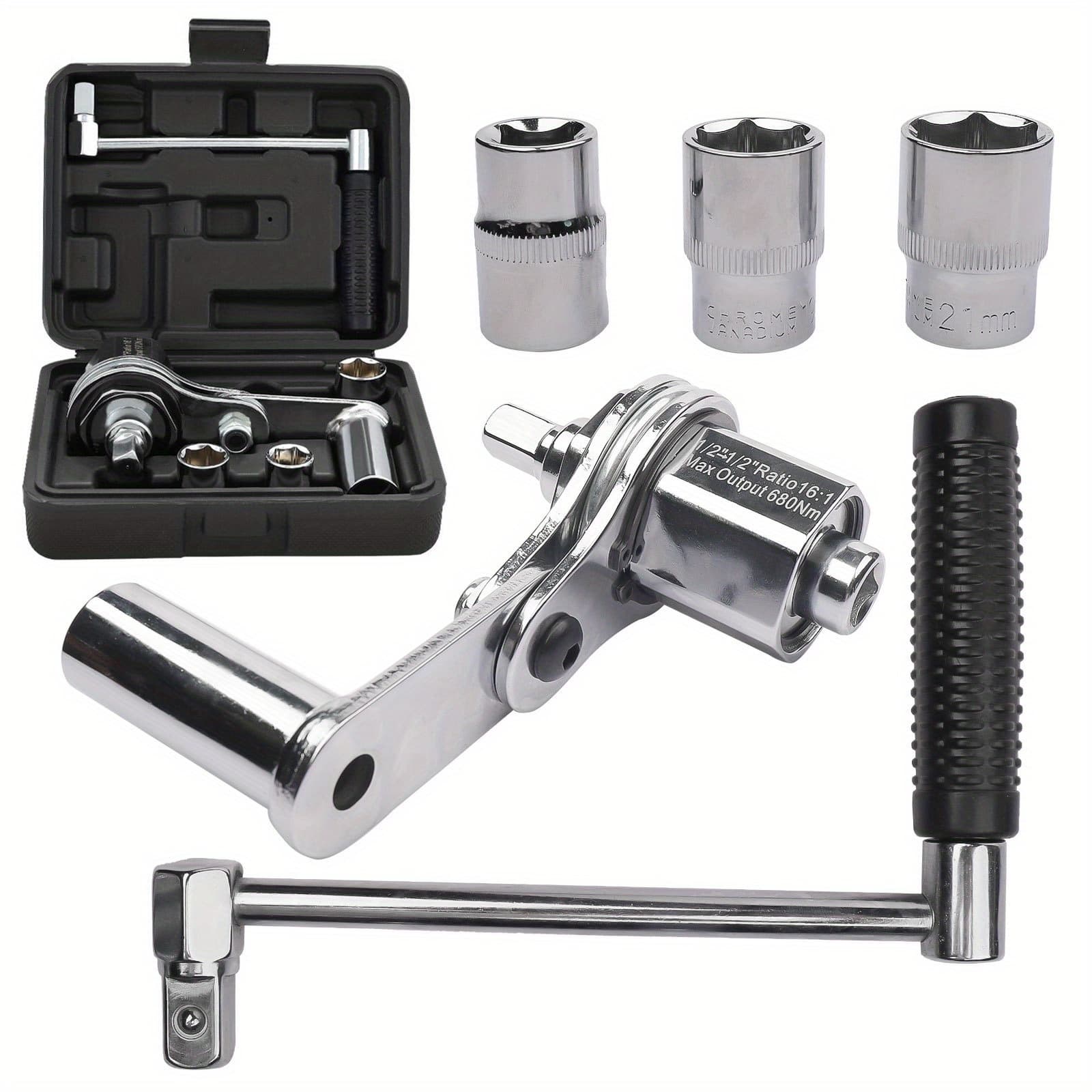 TEMU Torque Wrench Removal Tool 1:16 Torque Labor Saving 1/2 Drive Removal Wrench Tire Changing Kit With 17mm/19mm/21mm Sockets, For Most Vehicles