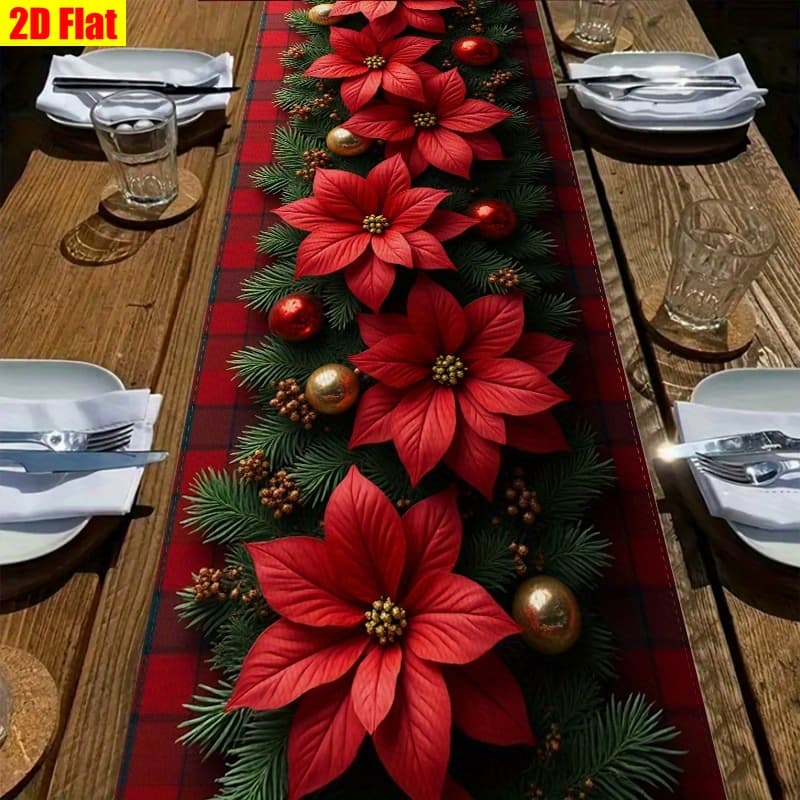 TEMU Christmas Table Runner Suitable For - Elegant Poinsettia, Pine Needles & Holiday Decor, Winter Seasonal Runner For Home, Kitchen, Restaurant Tables - - Decorative Accent (no Assembly), 2d Flat