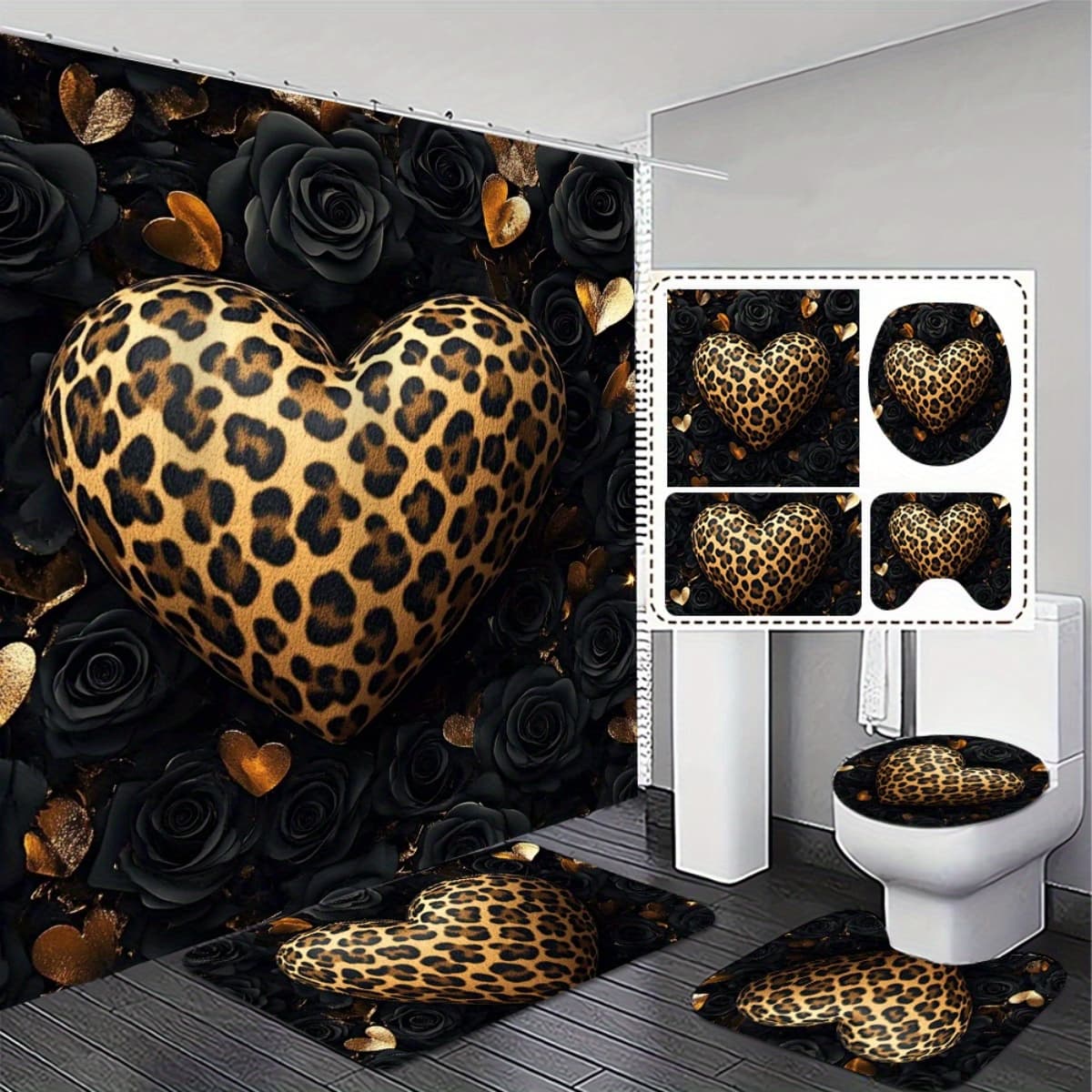 TEMU 2d Flat, 2d Flat, 1/3/4pcs, Valentine's Day Gift Leopard Print Heart 2d Curtain Set With Matching And Toilet Cover - Non-slip Bathroom Decor Exquisite And Decoration Gift