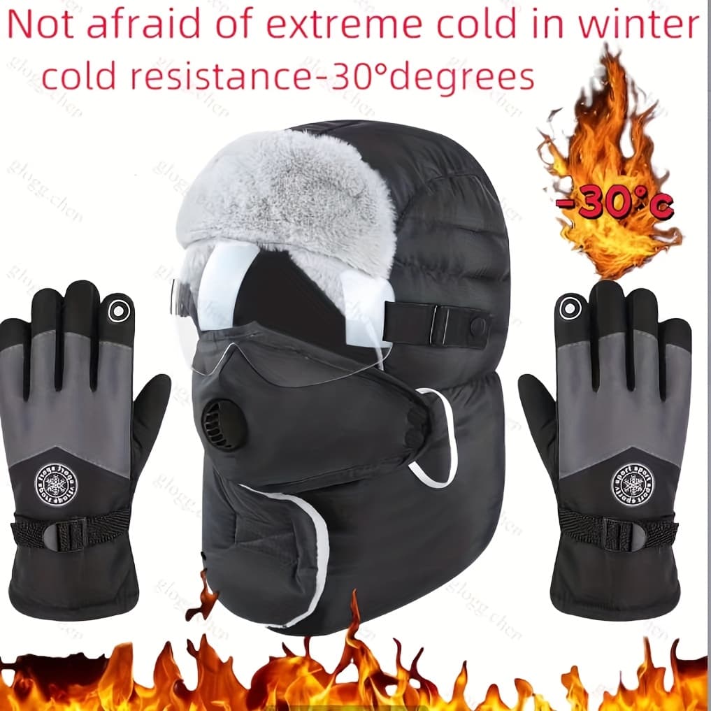 TEMU [2pcs Set]winter Cycling Outdoor Hat Ear Muffs Mask Neck Warmer Integrated Thickened Ear Protection Lei Hat Fleece-lined Ski Warm Gloves Thickened Unisex Fleece-lined Outdoor Sports Gloves