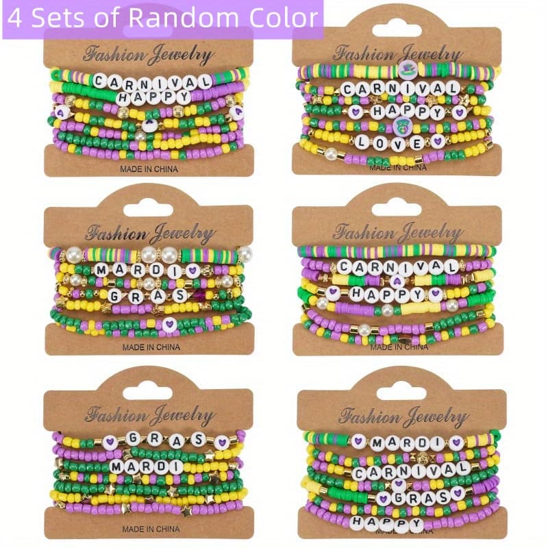 TEMU 4 Sets (28pcs) Mardi Gras Boho Multi Layered Bracelets, Love Heart Mardi Gras Beads Letters Polymer Clay Beaded Bracelets, Mardi Gras Party Bracelets, Festival Gifts(random Color)