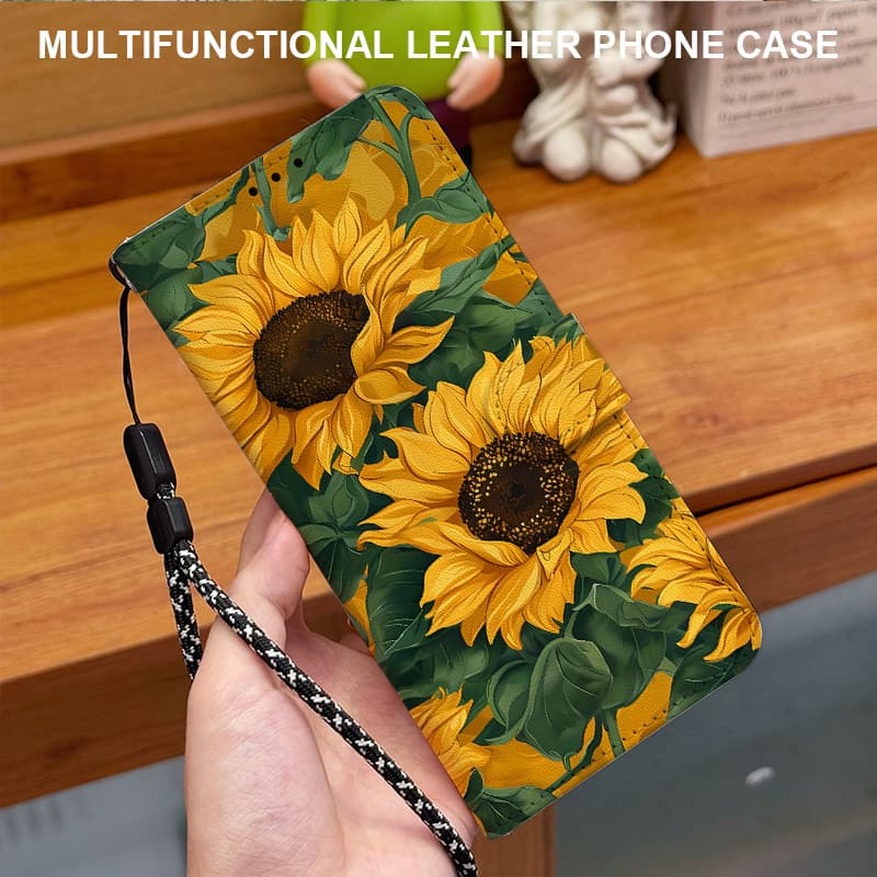 TEMU Phone Case - Sunflower Patterned Wallet Phone Case - Magnetic Flip Cover, Card Slot Stand, Shockproof Protective Case Compatible With Iphone From 7 To 17, Including Pro And Max , With A Lanyard