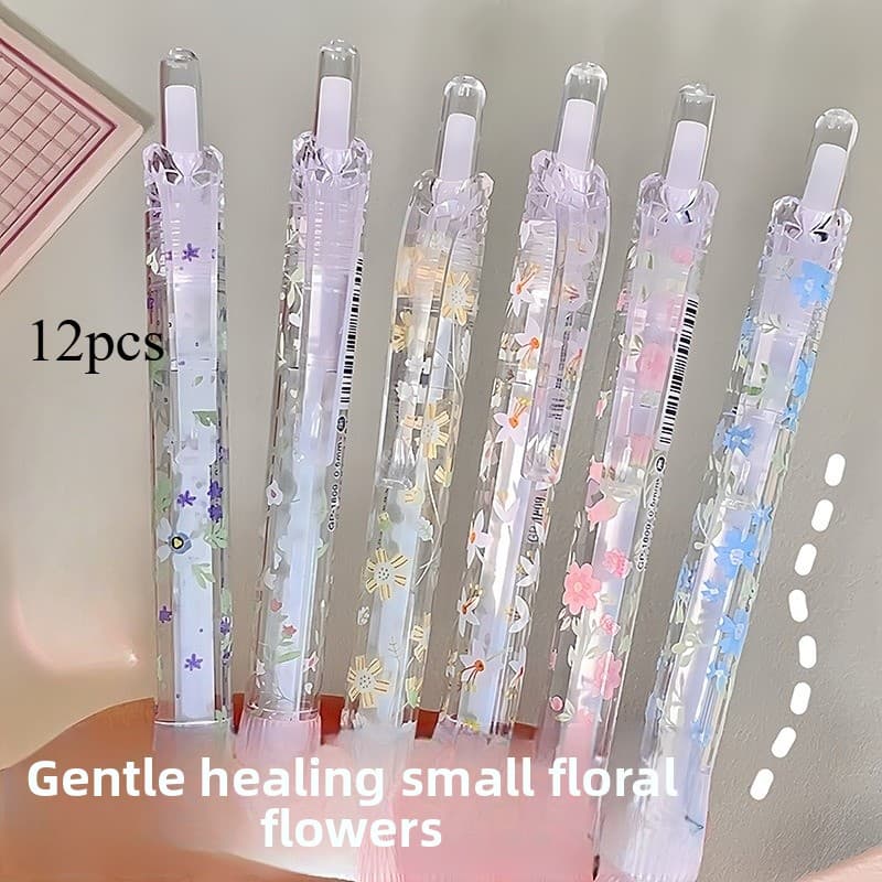 TEMU 12pcs Multi-combination Fresh And Delicate Small Floral Edition Pens, High-value Quick-drying Black Ink, Exam Practice, Click, Stationery Supplies
