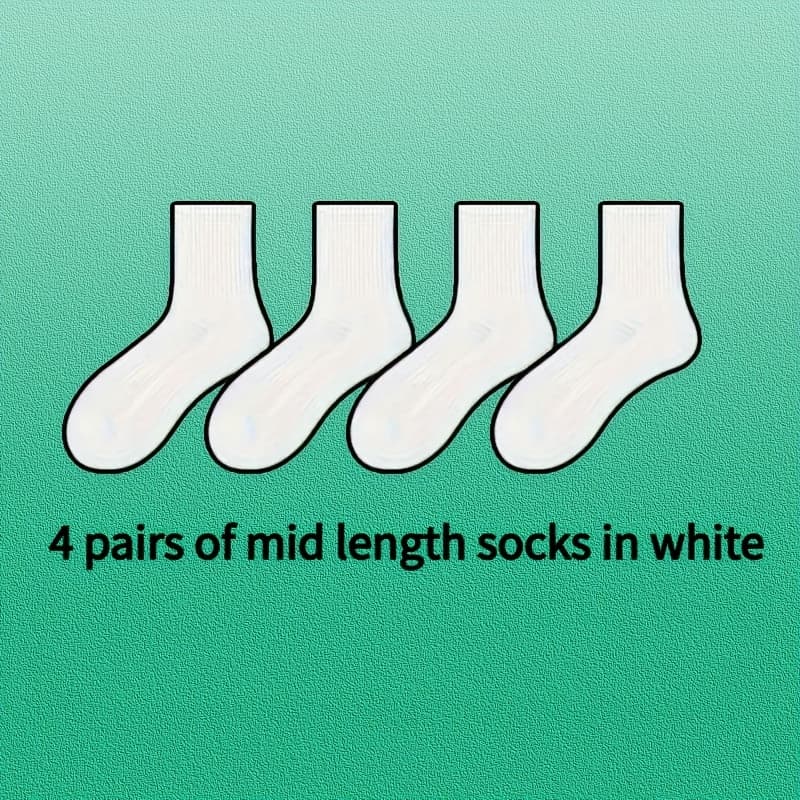TEMU 4 Pairs Of White Socks, Men's Mid-calf Sports Basketball Thick Terry Cloth Long Toe Moisture-wicking Unisex