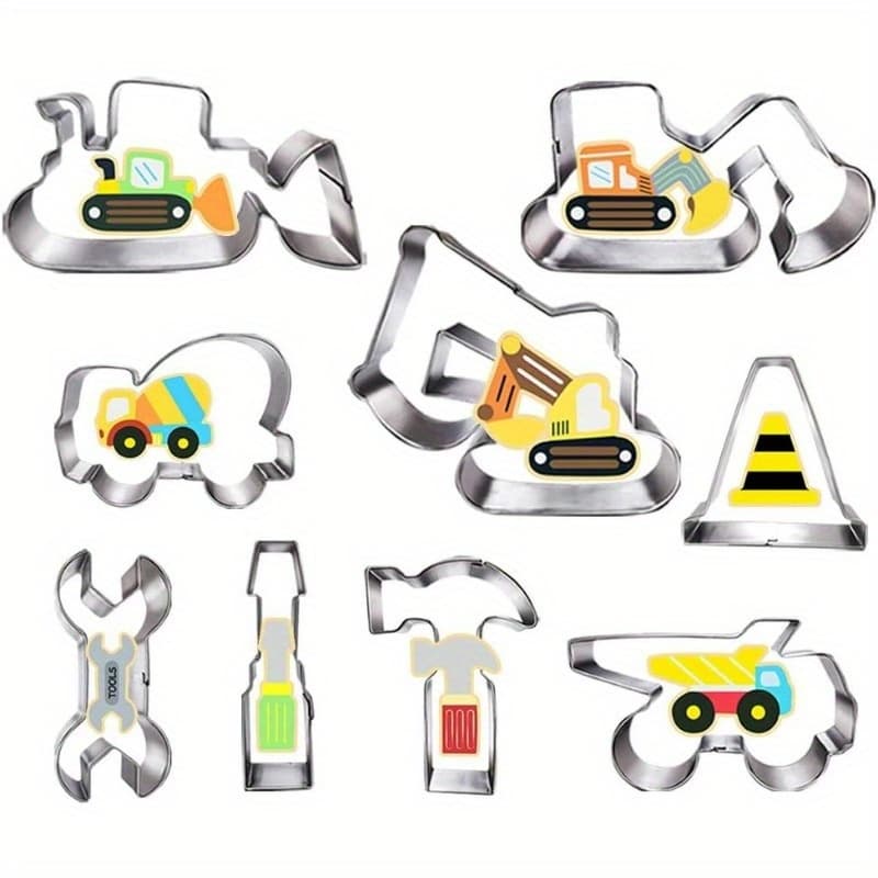 TEMU 9pcs Construction Biscuit Mold Set, Including Hammer, Wrench, Construction Tools, Excavator, Excavator, Bulldozer, Self Dumping Truck