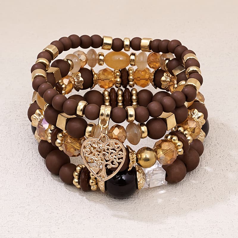 TEMU Bohemian 4pcs Heart And Tree Of Life Pendant Beaded Bracelet - For To Wear In All