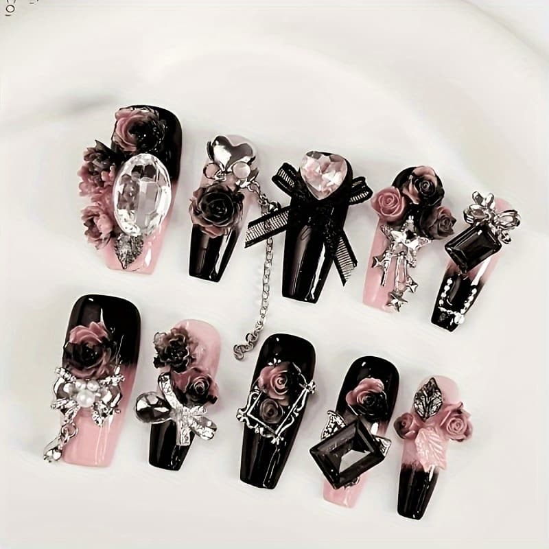 TEMU 10-pack Handmade Wearable Nails High-grade Black Heavy Fairy Special Edition High-grade Nail Art