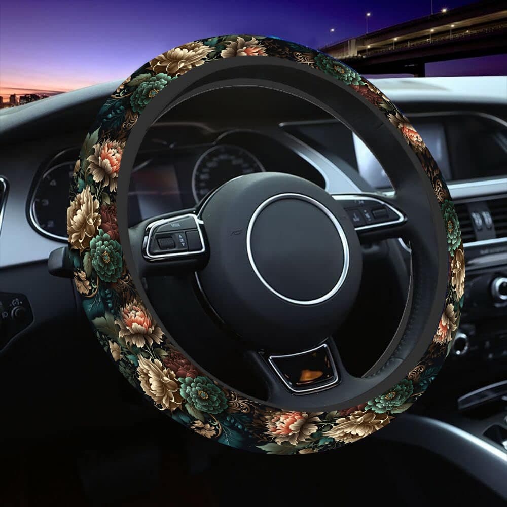 TEMU Universal 15 Inch Steering Wheel Cover With Colorful Floral Print, Anti-slip Elastic Polyester Fiber, No - For Suv, Truck, And Vehicle- Enhance Driving - Perfect Gift For Car Enthusiasts