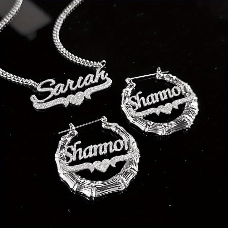 TEMU 2pcs Custom Name Jewelry Set, Custom Name Necklace, Bling Name Bamboo Earrings, Personalized Nameplate Jewelry Set, Custom Jewelry Set Gift For Women