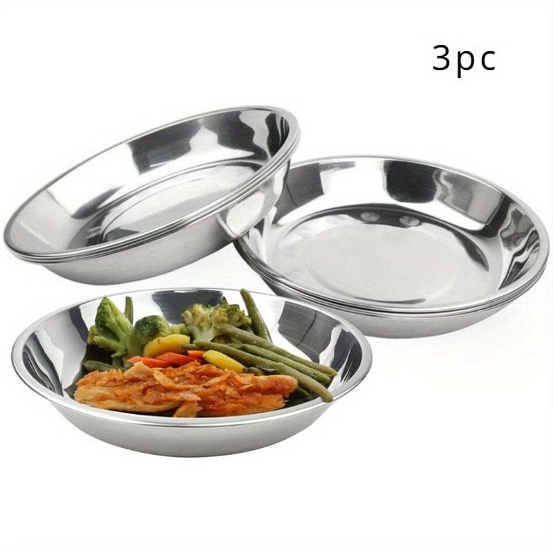 TEMU Stainless Steel Plate 3pcs Set With Round, Polished , Four-season Tableware For Camping And Dining