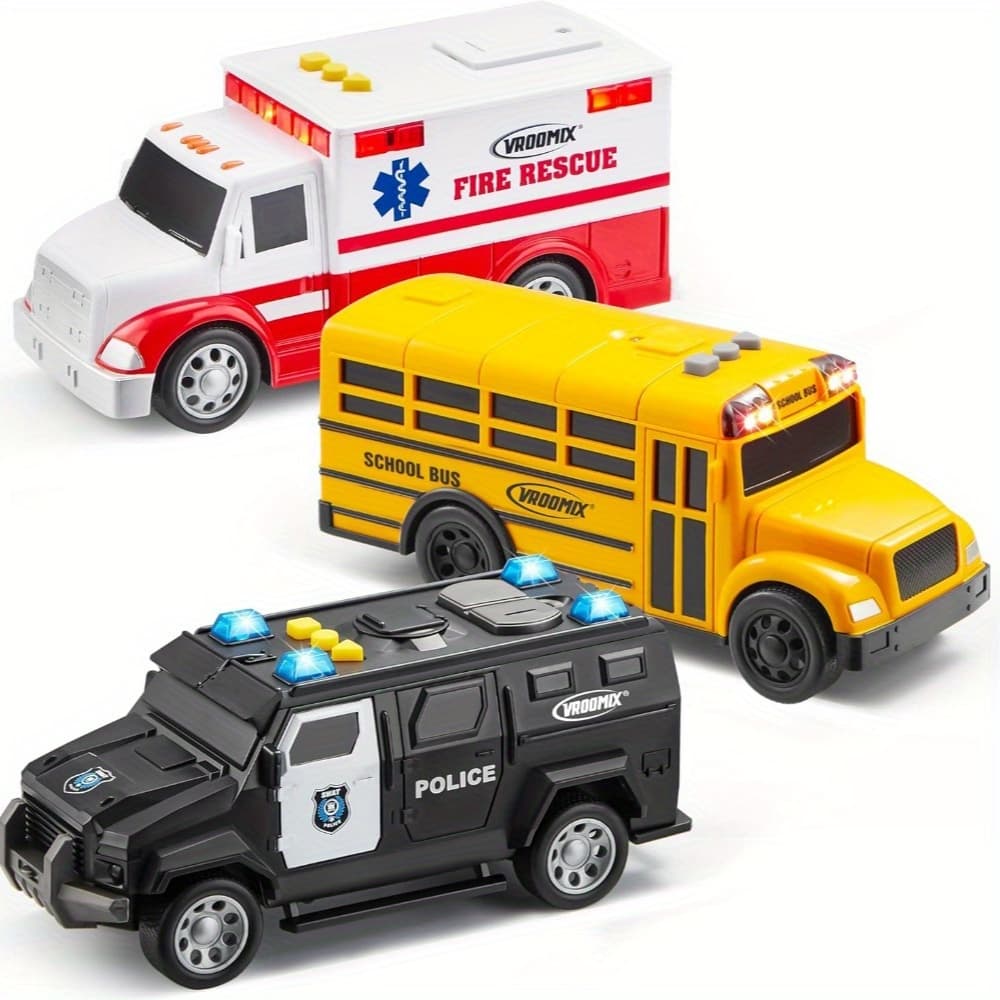 TEMU Suncfun 3-pack Emergency And School Vehicle Toy Set Friction Powered Police Car, Ambulance, And Student Bus With Lights And Sounds Educational And Safe Toy For Kids, Ideal Gift For Boys And Girls