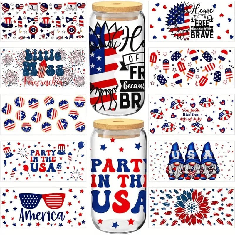 TEMU 10pcs Patriotic Uv Dtf Cup Transfer Paper Set, 16oz Glass Cup, American Flag & Fireworks Design, High-quality Vinyl, For Diy Crafts & Home Decor, With Themed For Glassware & Wooden Furniture