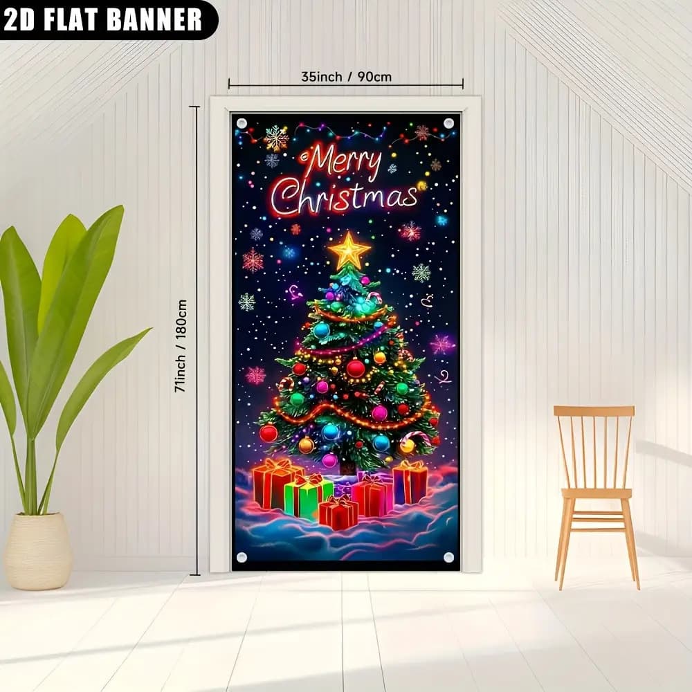 TEMU 2d Door Banner Warm And Festive Door Cover Featuring A Christmas Tree And Gifts - Made Of Polyester, No Batteries Needed - Ideal For Holiday And Seasonal