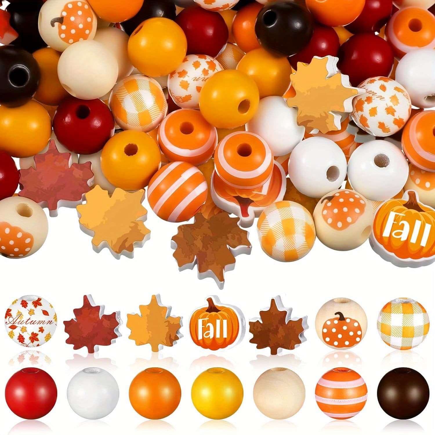 TEMU 160pcs Beads Thanksgiving Orange Craft Beads Pumpkin Maple Leaf Dwarf Grid Colorful Round Beads Halloween Craft Jewelry Making Home Party Decoration