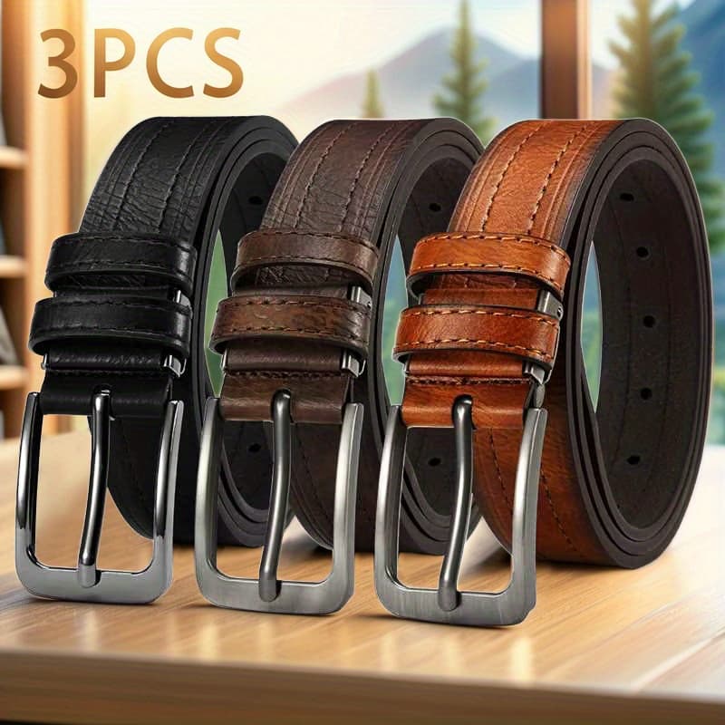 TEMU 3pcs Men's Authentic Leather Belt With Pin , Classic Vintage Cowhide, Stylish Casual Jean Belts Of High Quality