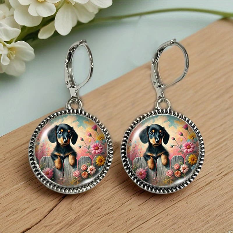 TEMU 1 Pair Of Dachshund Oil Painting Retro Earrings Round Glass Earrings, Without Battery