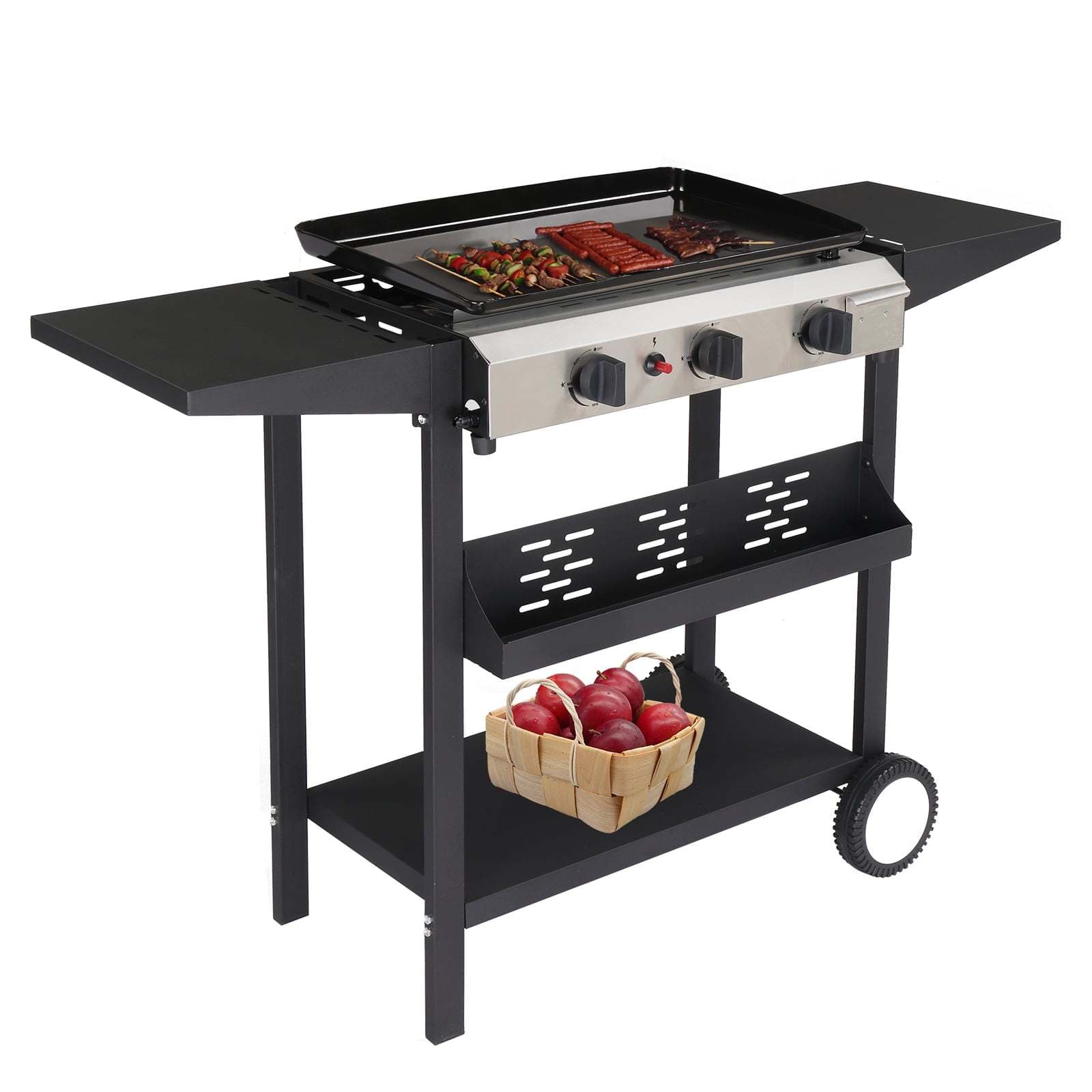 TEMU 3-burner Flat Grill - 30, 000 Btu With Ceramic-coated Cast Iron Pan, Side Shelves & Spice Rack -