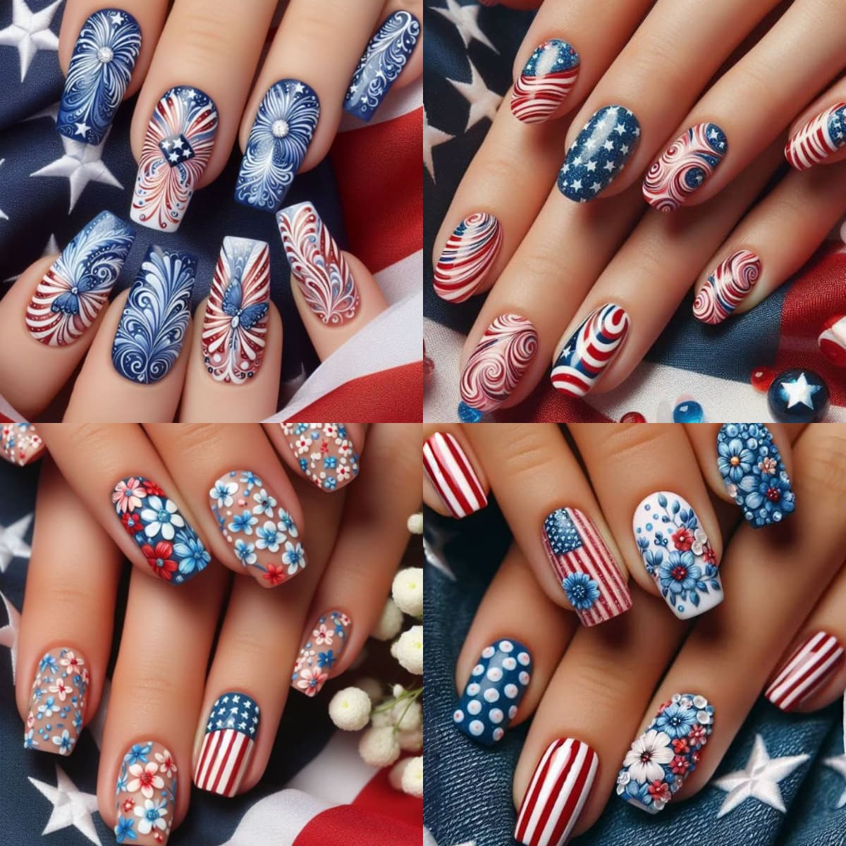 TEMU 96pcs Medium-length European Square Day Nails With Star, Stripe, Flower, And , Detachable Press-on Nails, Reusable Artificial Nails For Women