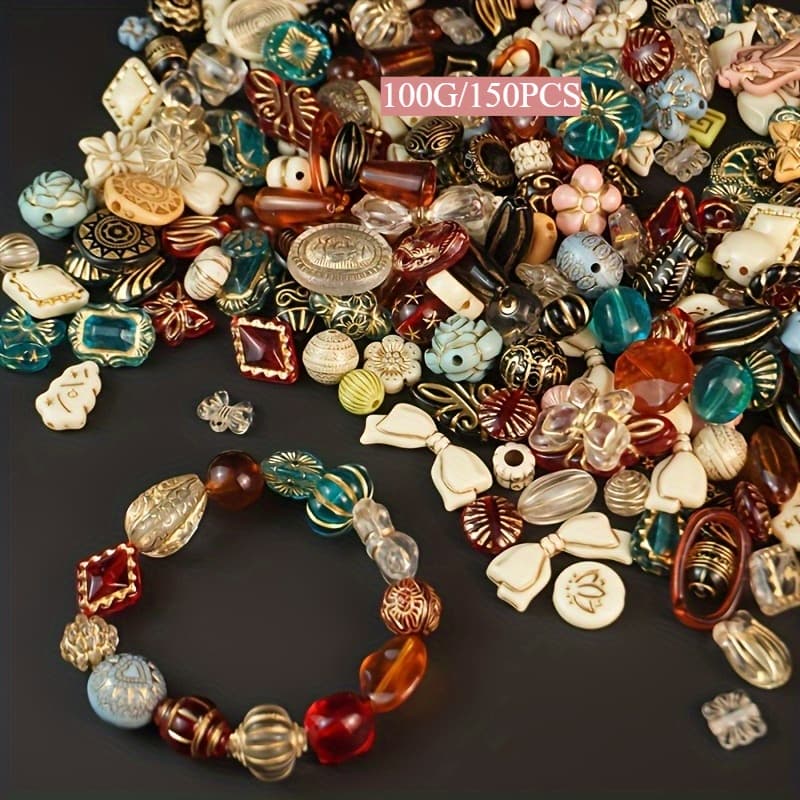 TEMU 100g Vintage Baroque , Random Mixed Color Beads, Size 8-30mm, , Heart And Beads, Suitable For Bracelets, Earrings And Crafts
