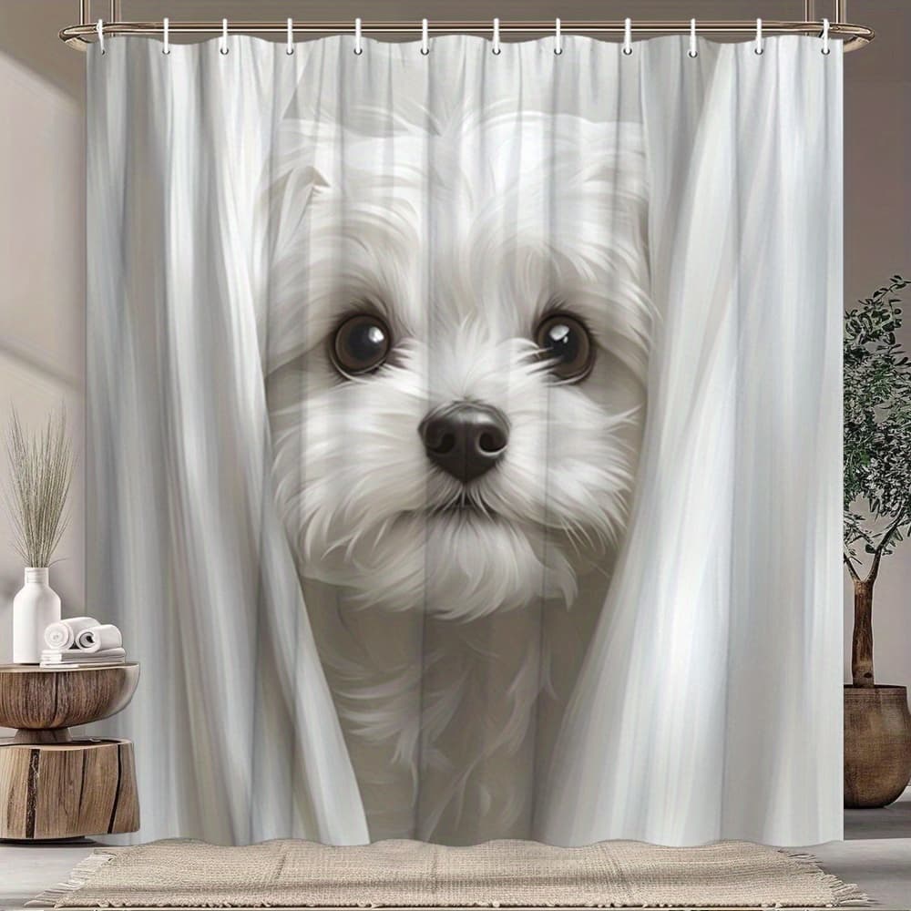 TEMU 2d Flat, 2d Flat, [2d Flat Printing] 1pc Puppy Shower Curtain Sheer Curtains Eyes Minimalist Pet Portrait Bathroom Decor Polyester Fabric With 12 Hooks 70.8x70.8 Inches