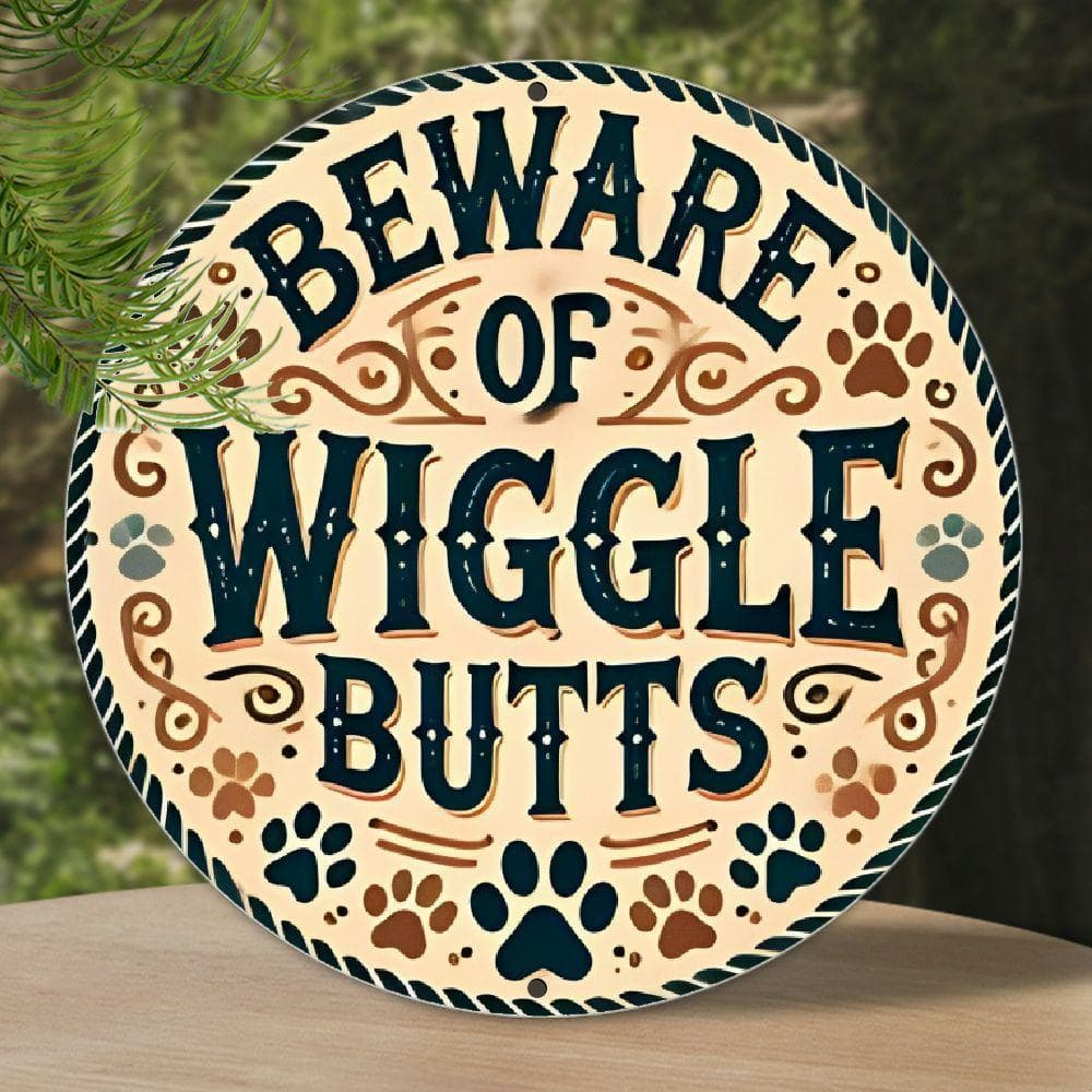 TEMU Beware Of Wiggle Butts" Vintage Metal Sign - 8x8 Inch Round Wall Art With Dog & | , Durable Aluminum Decor For Home, Bar, Cafe & Garage | Pet Lovers, Bar Decoration | Signage, Dog Decor