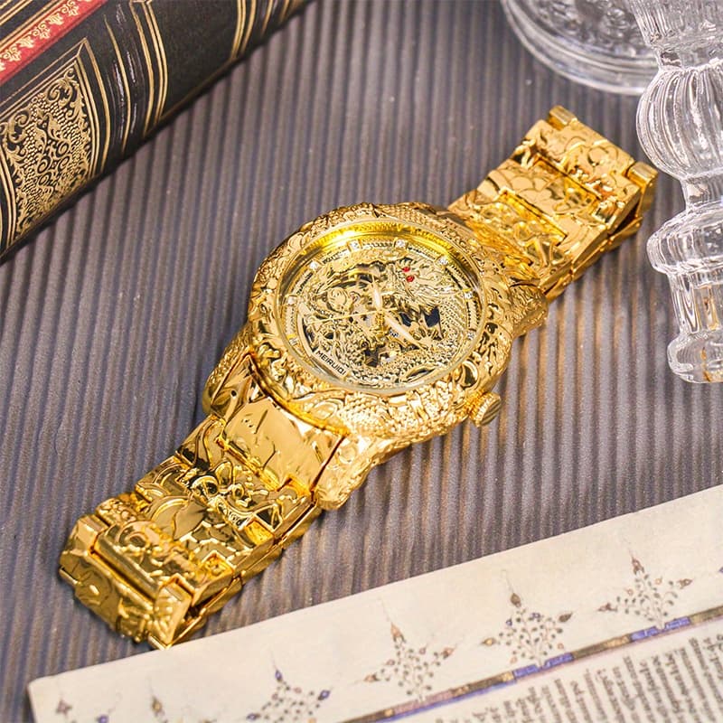 TEMU 1pc Men's Yellow Steel Strip High-end Dragon Pattern Large Dial Fully Automatic Engraving Mechanical Watch