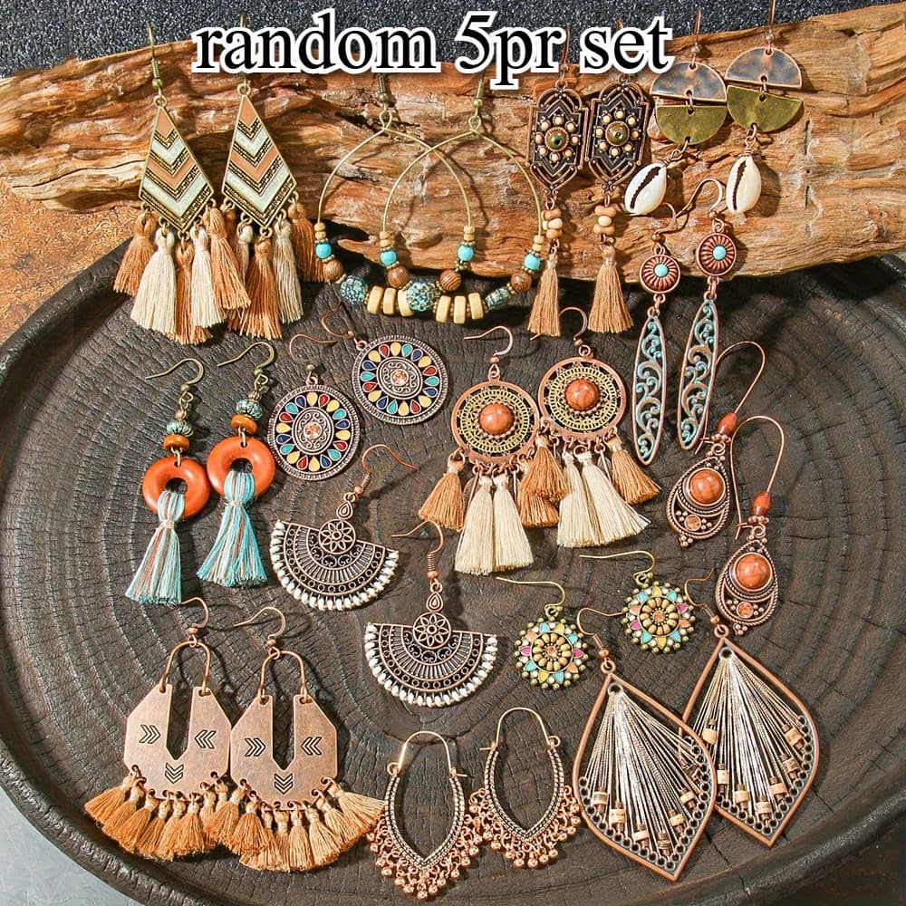 TEMU 5 Pairs (random Style) Vintage Boho Ethnic Earrings Set, Colorful Tassel Dangle Earrings, Retro Alloy Jewelry, Versatile Accessories, Ideal Gifts For Female And