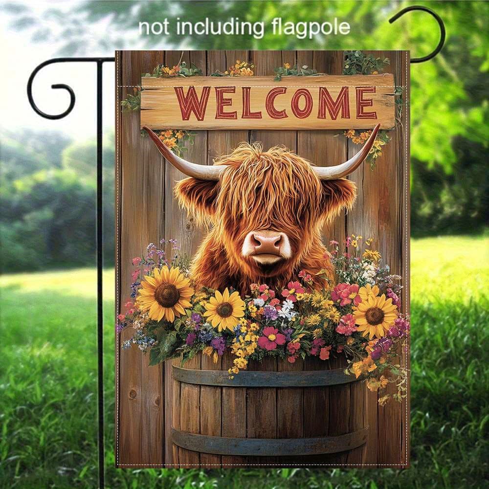 TEMU 1pc, Double-sided Printed - Highland Cow And Floral Decorative Garden Flag - Made Of Linen - Flagpole Not Included