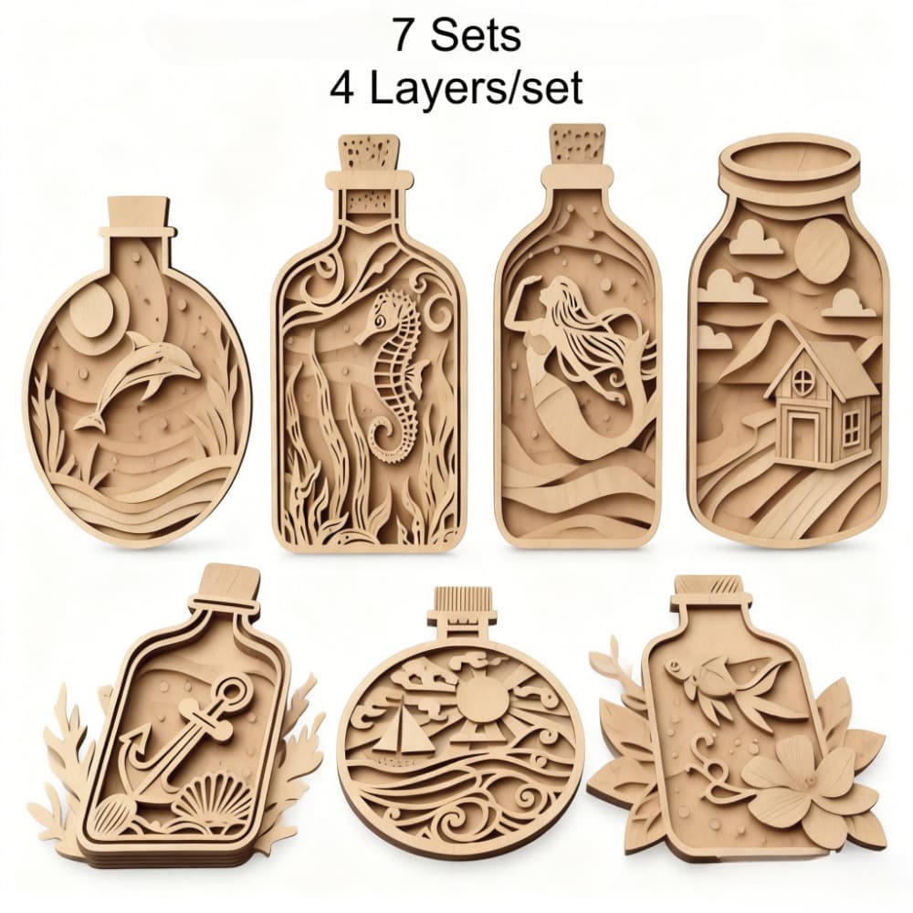 TEMU 7 Set Ocean-themed Diy Layered Wooden Painting Kit, 4-layer Bottle-shaped Wood Craft Per Set, Sea Animal & Coastal Scene Coloring Decor For Desktop, Home Decoration, Handmade Art Gift