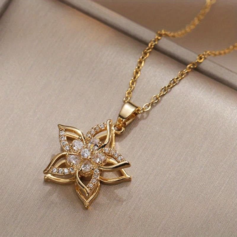 TEMU 360° Rotating Flower Pendant Necklace For Women Stainless Steel Five-leaf Chain Birthday Gift Jewelry 2025