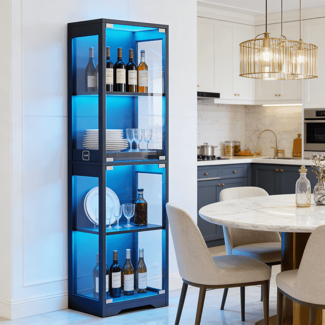 TEMU Single Door Glass Display Cabinet 4 Tier With 3 Led Lights Sensor Large Capacity Storage For Tableware Cups Wine Dining Room Living Room Black White