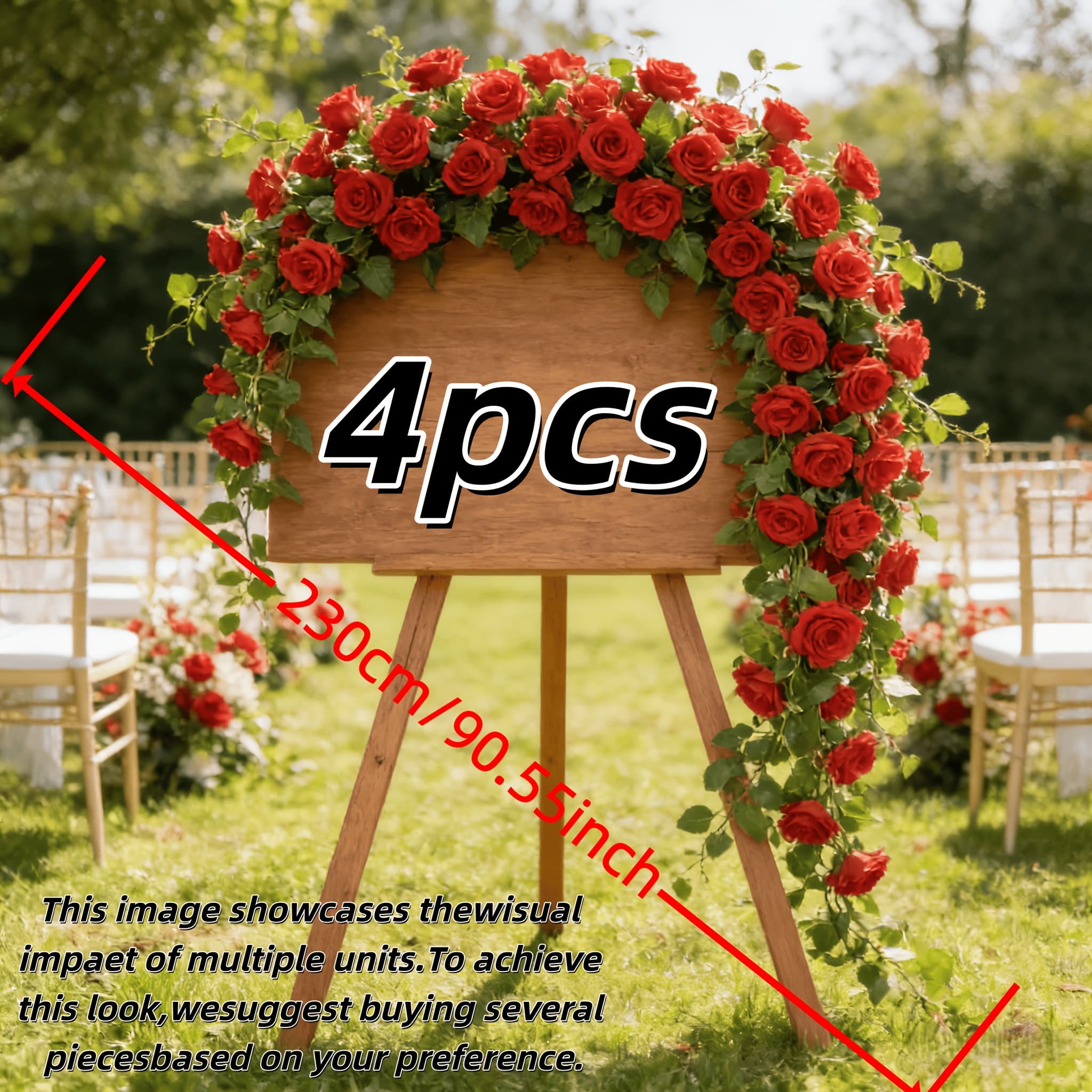 TEMU 4pcs 90.55 Inch Artificial Red Rose Vine Garland | - Plastic Decor For Wedding Arch, Balcony, Restaurant Party & Holidays