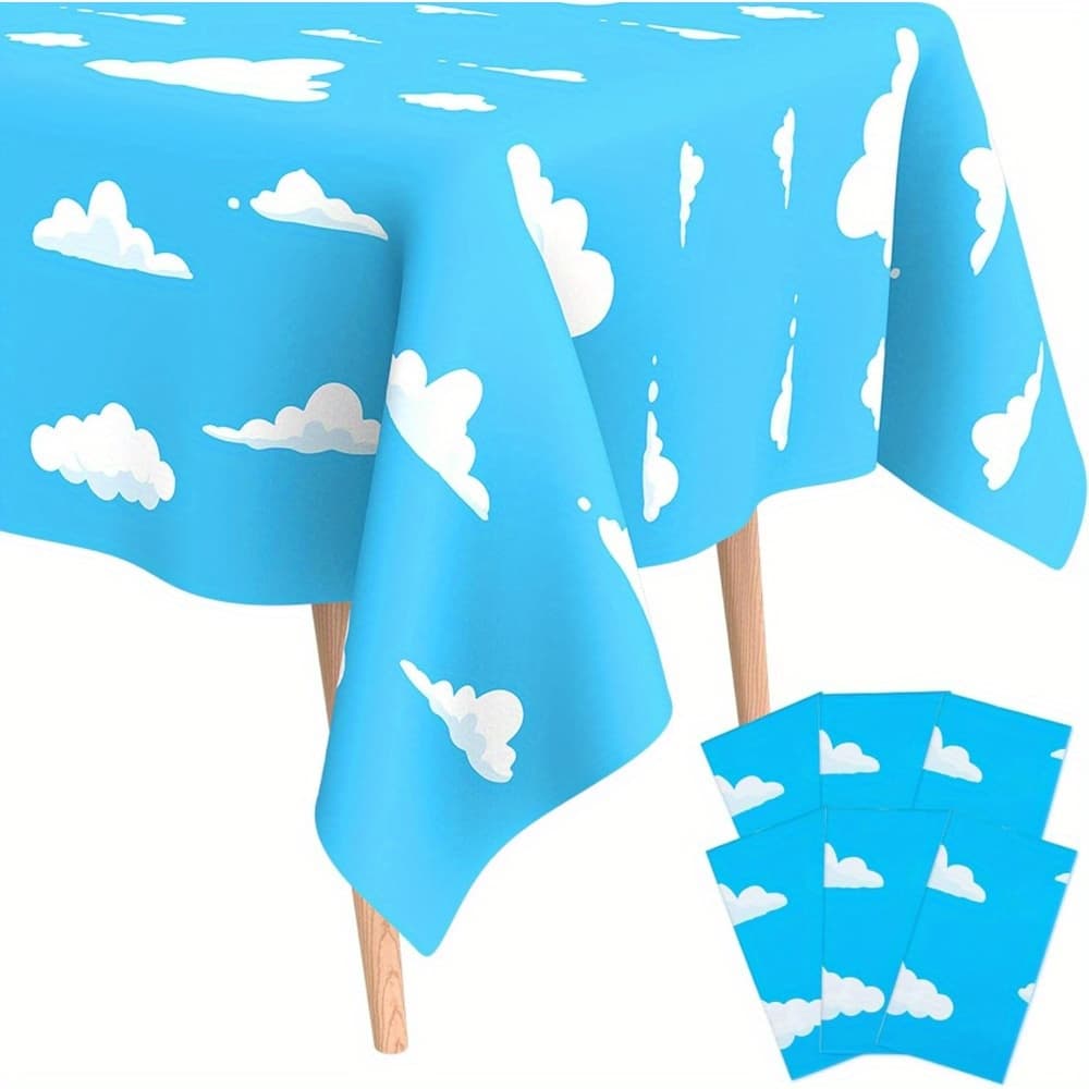 TEMU 6 White Cloud Tablecloth Birthday Party Supplies, 137.16 X 274.32cm Cartoon Story Tablecloth, Cartoon Tablecloth Party Tablecloth, Suitable For Shower Birthday Party Decoration