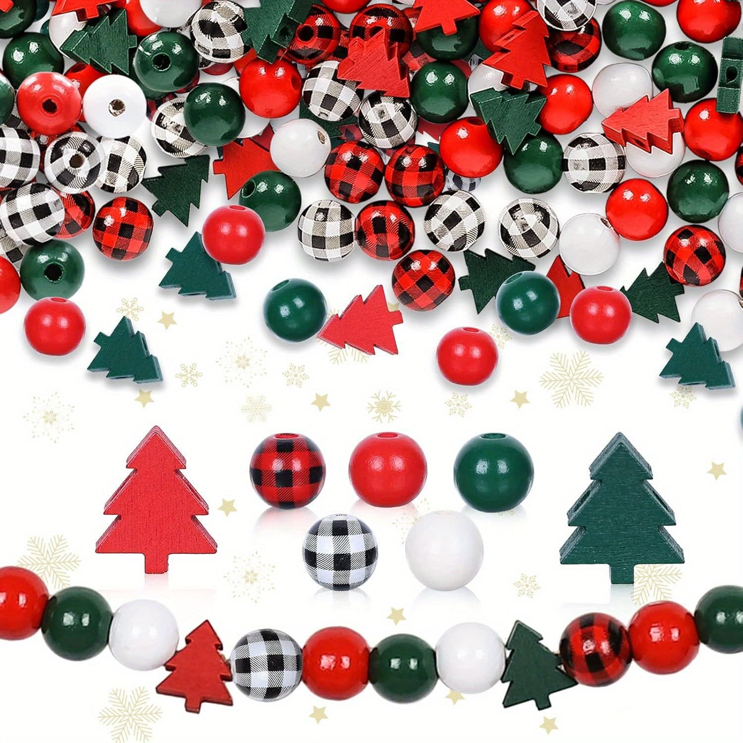 TEMU 160pcs Christmas Wooden Craft Beads Christmas Tree Shape Spacer Beads Red Green White Bouquet Beads Large Hemp Rope Christmas Diy Decor