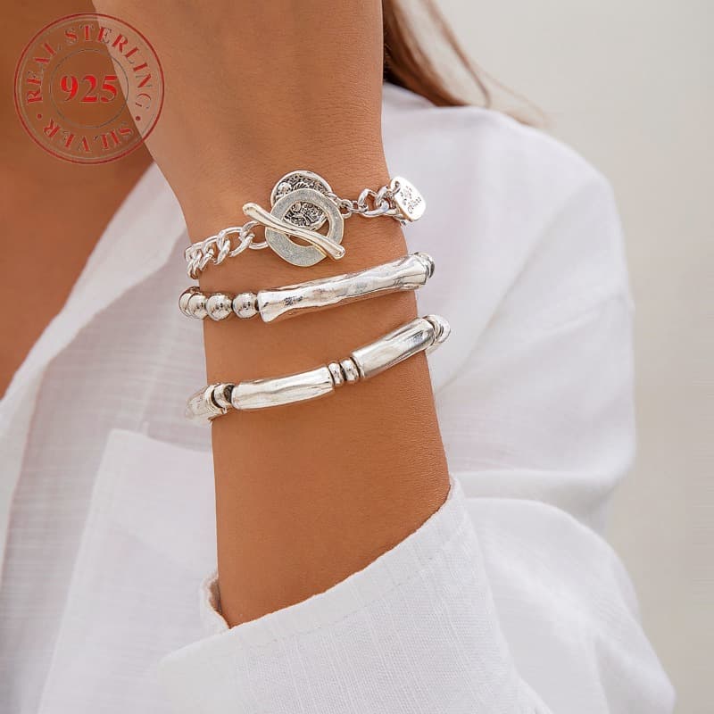 TEMU 3pcs For Women Chunky Bangles Set Silvery Stacked Bracelets For Any Occasion Hip Hop Bracelet