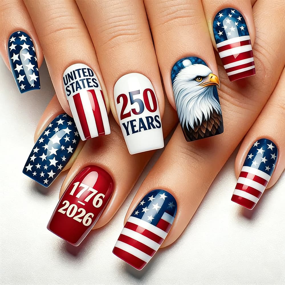 TEMU 72pcs 250 Years Eagle Flag Press On Nails Long Coffin, Reusable Glossy Full Cover Acrylic Fake Nails With Jelly Glue, Perfect Gift For Her Patriotic 1776-2026 Day Celebration Manicure